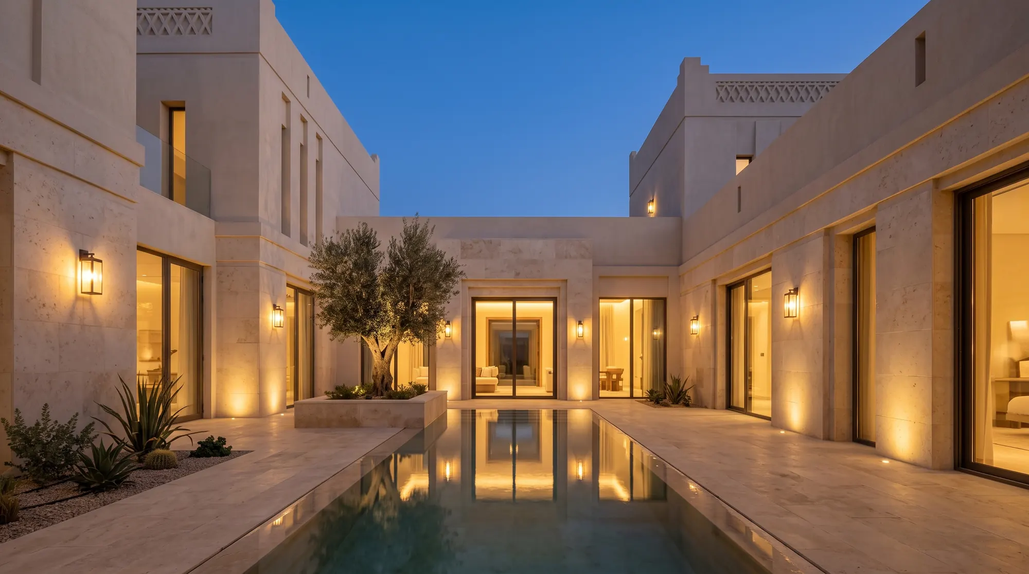 فناء داخلي لبيت سعودي معاصر مضاء بضوء دافئ وقت المساء